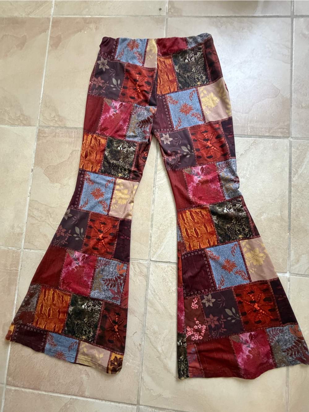 Women’s brand new never worn Patchwork Velvet Leggings - Red, Orange, Blue, Gold